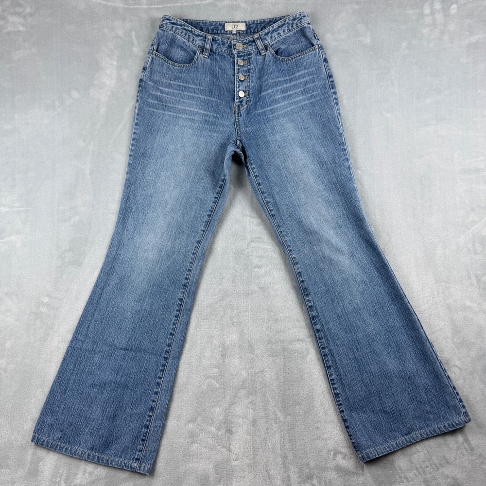 Rare Vintage Y2K Women's Blue Medium Wash Flare‎ Button Fly Denim Jeans Size 27